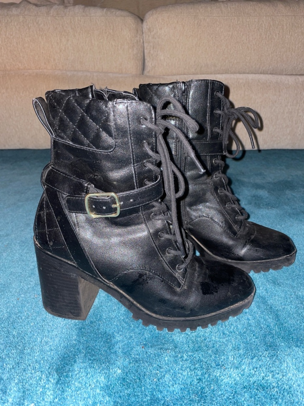 Express Black Quilted Lace-Up Block Heel Combat Boots